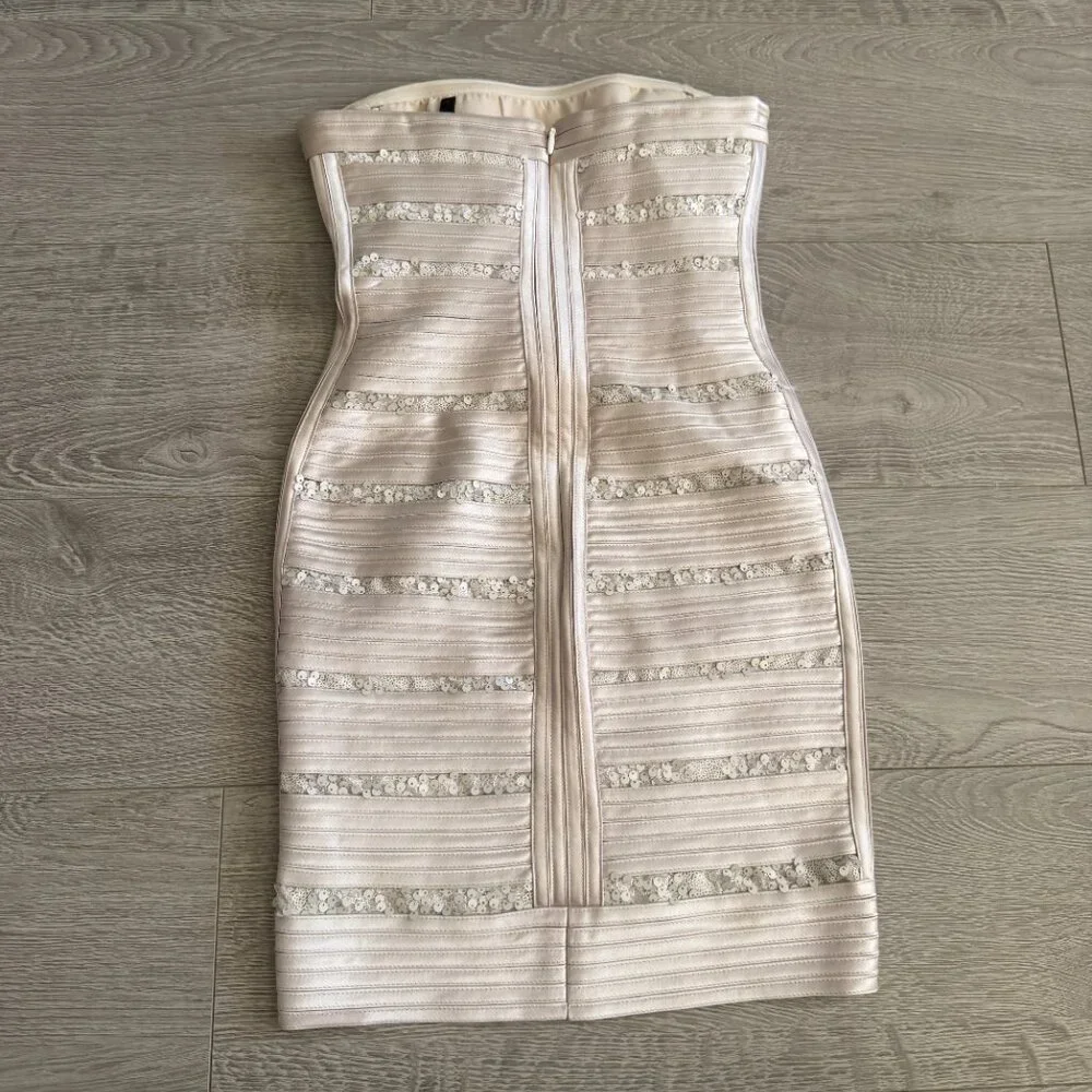 BCBGMAXAZRIA Strapless Mini Bandage Dress Champagne Sequin Size 0 - Picture 6 of 12